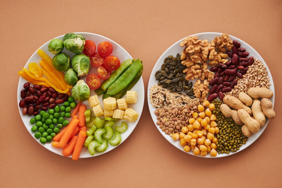 Plate divided into protein, carbs, and fat portions made up of plant foods